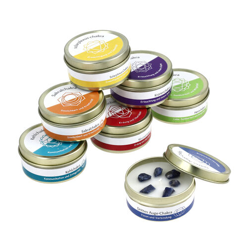 7er Set Chakra Duftkerzen mit Edelsteinen – Aromatherapie für Körper und Geis, 10h Brenndauer image number 0