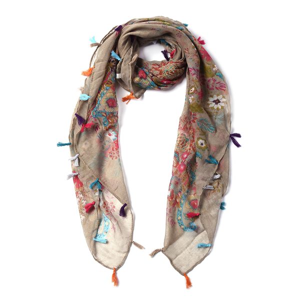 Bedruckter Schal mit Quasten, 100x95 cm, Braun image number 3