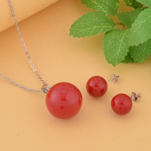 Muschelkernperle Schmuckset, Rot, 925 Silber rhodiniert, Edelstahl Kette image number 2