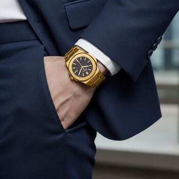 Genoa Time V2 -  Japanisches PC32 Uhrwerk, Datumsanzeige, PNP-Gold-Geh&auml;use, schwarzes Zifferblatt mit Hydraulik-Design, Edelstahlarmband