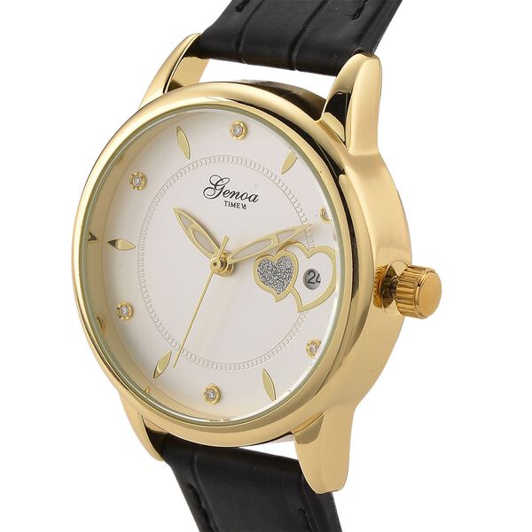GENOA - Moissanit, Automatik-Armbanduhr mit Herz-Design und Datumsanzeige, Dandong-Uhrwerk, Weißes Zifferblatt, Goldfarben, Schwarz Lederarmband, 36 mm image number 3