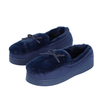 Kuschelige, warme Kunstfell Hausschuhe mit gepolsterter Sohle, Gr&ouml;&szlig;e 36-37, Dunkelblau