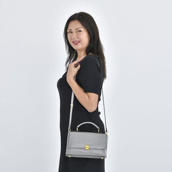 Cabrio Handtasche mit Krokoprägung aus echtem Leder, 25x8x15 cm, Grau image number 1