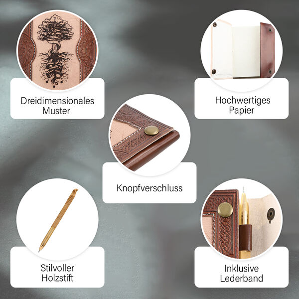 Baumgepr&auml;gtes Leder Notizbuch mit 96 Seiten & 1 Holzstift, braun image number 4