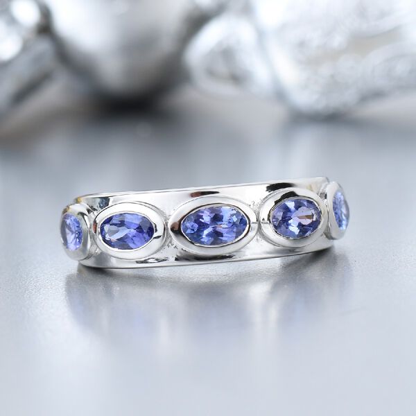 AA Tansanit 5 Stein Ring 925 Silber Platin-Überzug image number 7