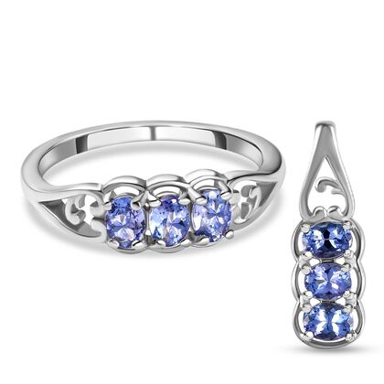 2er Set - AA Tansanit-Ring und Anh&auml;nger, 925 Silber platiniert ca. 1.33 ct