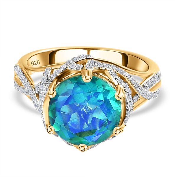 Pfau Quarz Triplette, Weißer Zirkon Ring, 925 Silber Gelbgold Vermeil (Größe 20.00) ca. 4.94 ct image number 0