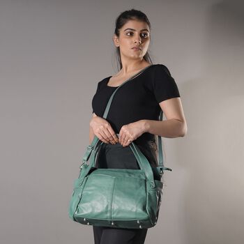 100% Echtleder Weekender Reisetasche mit RFID-Schutz, Blaugr&uuml;n