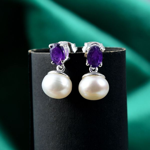 Süßwasser Perle und afrikanische Amethyst Ohrringe image number 2