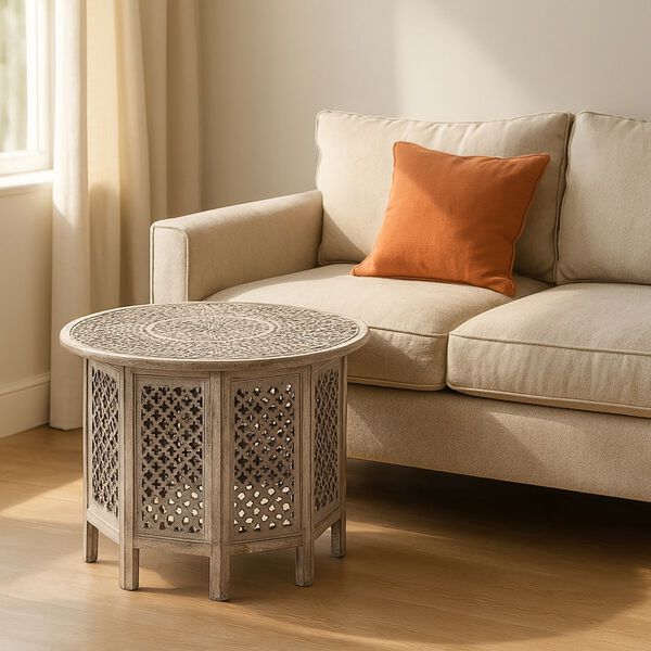 NAKKASHI Handgeschnitzter Couchtisch aus Mangoholz, 68x68x51cm, weißes Finish image number 2