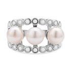 Japanische Akoya Perle und wei&szlig;er Zirkon-Ring, 925 Silber rhodiniert (Gr&ouml;&szlig;e 16.00) ca. 0.54 ct