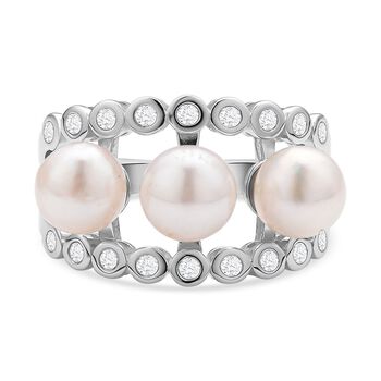 Japanische Akoya Perle und wei&szlig;er Zirkon-Ring, 925 Silber rhodiniert (Gr&ouml;&szlig;e 16.00) ca. 0.54 ct