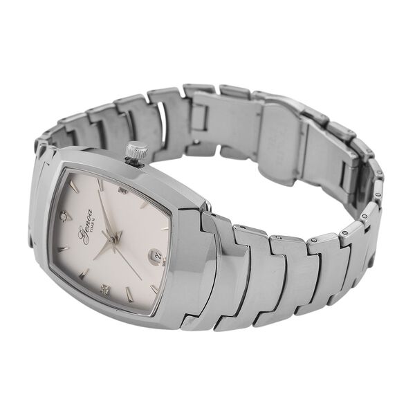 GENOA - Weißer Kristall Armbanduhr mit Datumsanzeige, Wolframstahlgehäuse, Reiner Edeslstahl, Silber image number 4