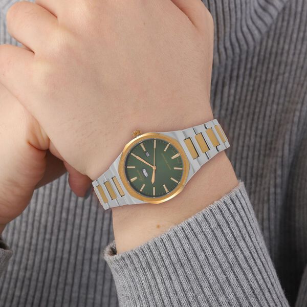GENOA - Japanisches Uhrwerk, Grünes Sonnenschliff-Zifferblatt mit Balkenindexen, Edelstahl mit Faltschließe, Reiner Edelstahl, Bicolor, 20 cm image number 3