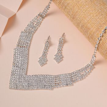 2er Set - Wei&szlig;er Kristall Halskette und Ohrringe, Messing