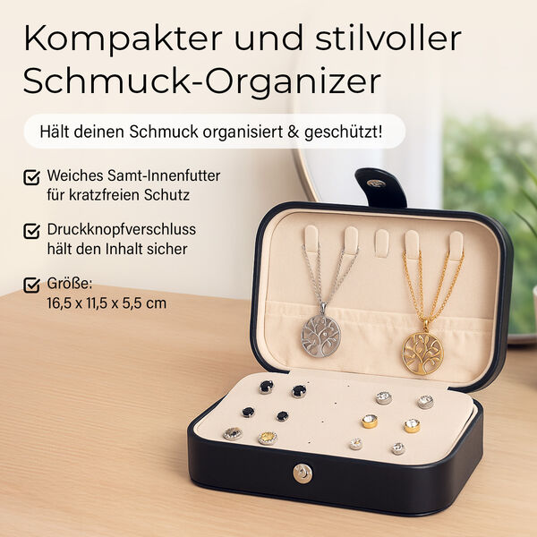 Schmuckbox aus PU-Leder in Schwarz mit Druckknopfverschluss, 16,5x11,5x5,5cm, inkl. 10 Silberputztücher image number 2