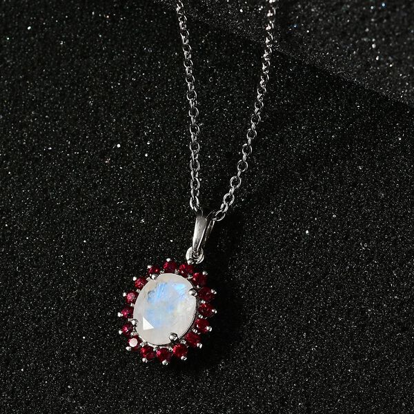 AA Regenbogen Mondstein und Signity leuchtend roter Topas-Anh&auml;nger mit 50cm Kette - 3,21 ct. image number 3