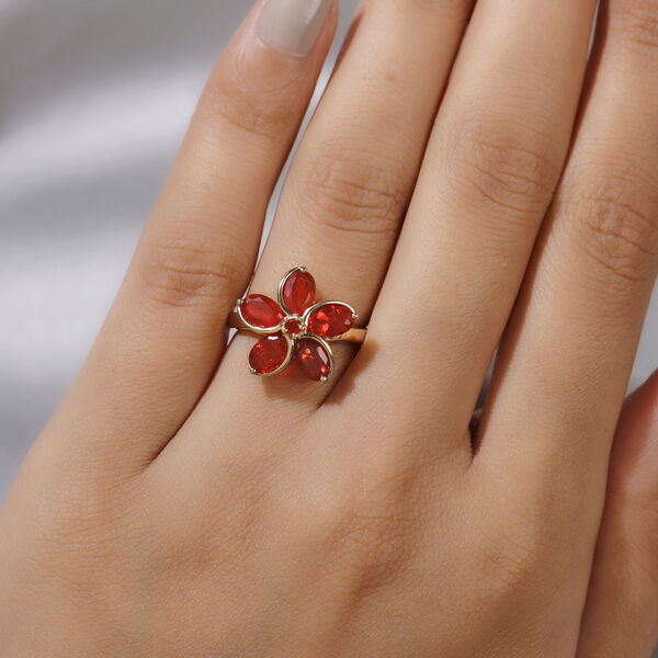 Mexikanischer Kirschfeuer-Opal Blumen Ring 925 Silber vergoldet  ca. 1,29 ct image number 3