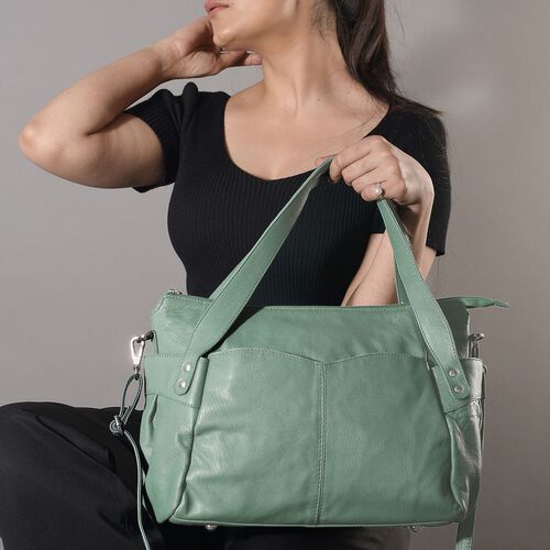 100% echte Leder Handtasche RFID Schutz, 43x28x7,5 cm, hellgrün image number 1