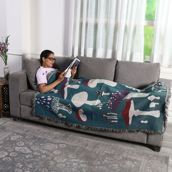 Handgewebte Jacquard-Decke mit Fransen, 100% Baumwolle, Pilzmuster, Gr&uuml;n und mehrfarbig