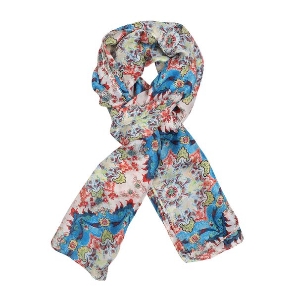 100% nat&uuml;rlicher Satin Seiden Schal, Mandala Muster, Blau image number 4