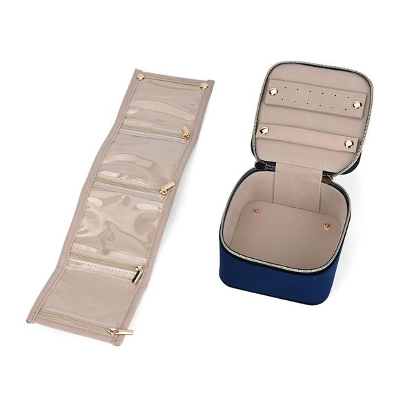 Samt-Schmuckbox mit 4 transparenten Schmuckbeuteln, 12x12x7 cm, Dunkelblau image number 5