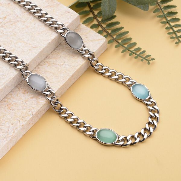 Mehrfarbige Katzenaugen Halskette, ca. 50 cm, reiner Edelstahl ca. 25.00 ct image number 2