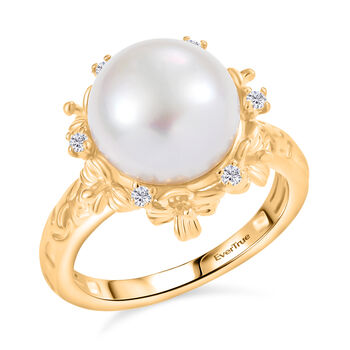 S&uuml;&szlig;wasser Perle, Wei&szlig;er Zirkon Ring, Messing, ca. 9.5 mm, (Gr&ouml;&szlig;e 18.00)