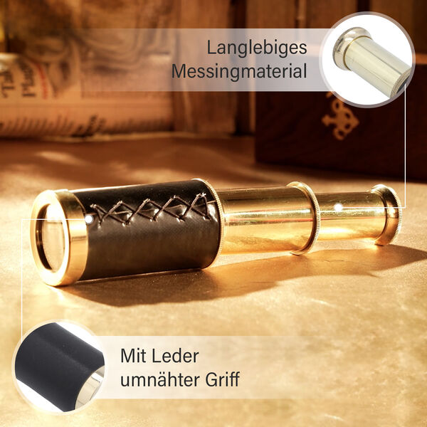 Handgefertigtes, voll funktionsf&auml;higes Teleskop mit Ledergriff und h&ouml;lzerner Geschenkbox, Gold image number 5