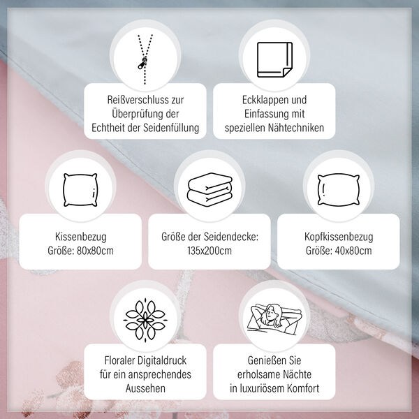 SERENITY NIGHT: 3er-Set - Seidensteppdecke und 2 Kissenbez&uuml;ge, Blumenmuster, Hellblau und Rosa image number 2