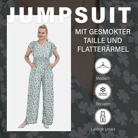 Jumpsuit mit gesmokter Taille und Flatterärmel, grün