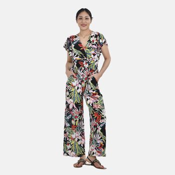 Jumpsuit mit gesmokter Taille und Flatter&auml;rmeln, Tropisches Blumenmuster