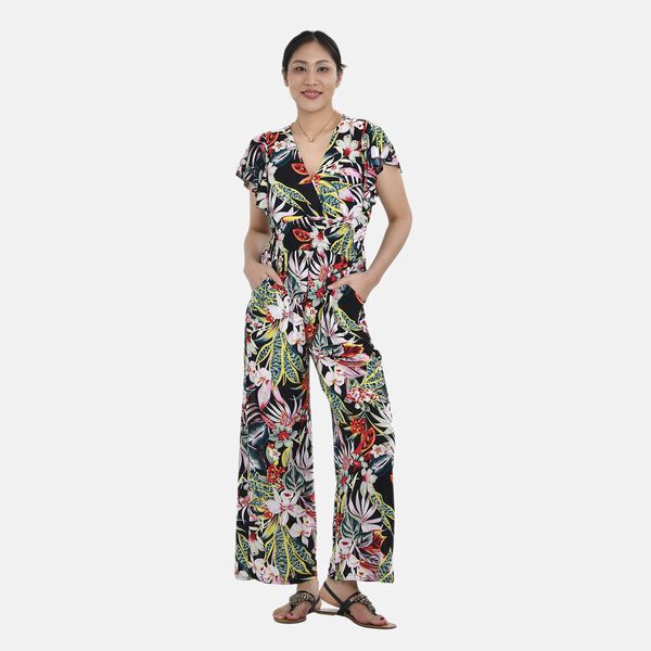 Jumpsuit mit gesmokter Taille und Flatter&auml;rmeln, Tropisches Blumenmuster image number 4