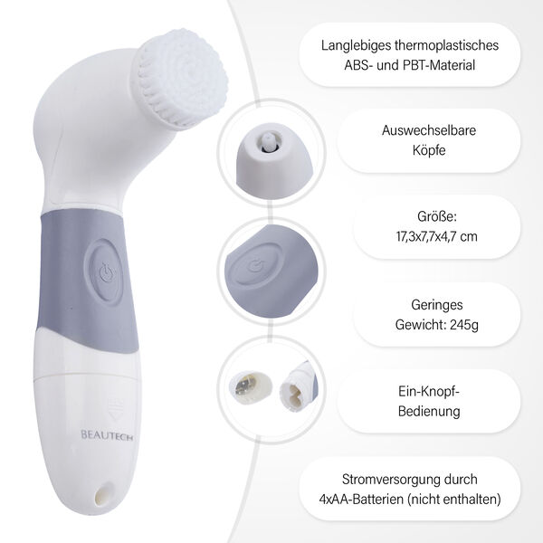 4 in 1 Gesichtsreinigungsbürste, 4xAA Batterien (nicht inkl.), Weiß und Grau image number 4