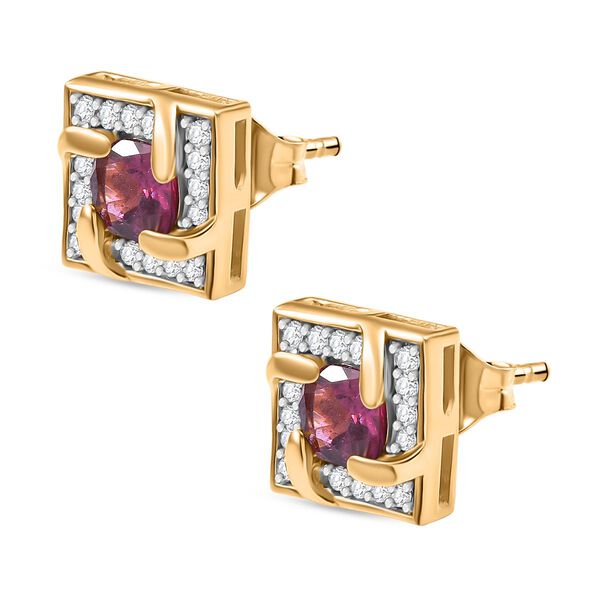 AA Rhodolith Granat, Weiße Zirkon Ohrringe, 925 Silber 750 Gelbgold Vermeil ca. 1.75 ct image number 4