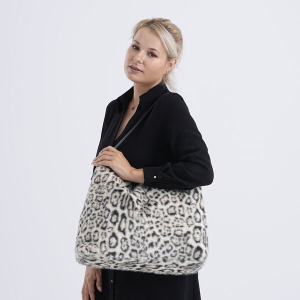 Fellimitat-Tragetasche, Leopardenmuster, 46x11x35cm, Beige-Schwarz image number 3