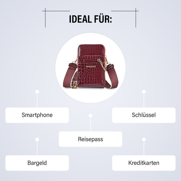 PASSAGE Crossbody Tasche aus PU-Lackleder mit Krokoprägung und RFID-Schutz, 18x7x11 cm, Bordeaux image number 4