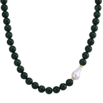 Verde Onyx, Wei&szlig;e Muschelkernperle, Wei&szlig;er Zirkonia Halskette ca. 50 cm Reiner Edelstahl Standard gelb vergoldet