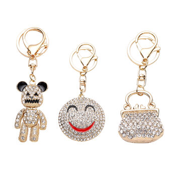 3er Set - Wei&szlig;e Kristall-Schl&uuml;sselanh&auml;nger, Smiley, B&auml;r, Tasche
