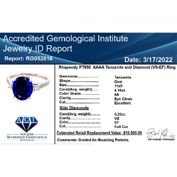 RHAPSODY zertifiziert und gepr&uuml;ft AAAA Tansanit und VS-EF Diamant Ring in 950 Platin - 4,35 ct. image number 10