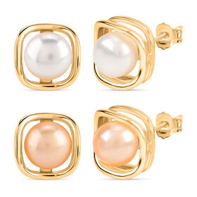 2er Set - Rosa Süßwasser Perle, Weiße Süßwasser Perle Ohrringe, Nickelfreies Messing, Goldfarben