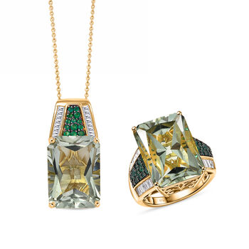 D'Joy Prasiolith, Verde Onyx und Moissanit Ring und Anh&auml;nger mit 50cm Kette