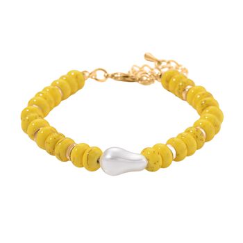 Wei&szlig;e Muschelkernperle, Gelber Howlit Armband, ca. 18 cm + 5 cm Extender, goldfarben
