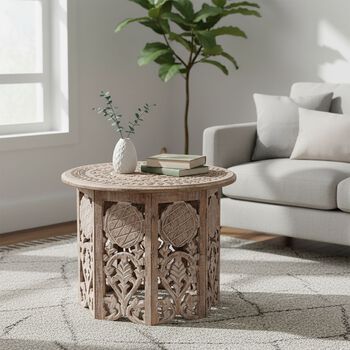 NAKKASHI Tisch Mangoholz handgeschnitzt sechseckig 68 x 68 x 49 cm Wei&szlig;