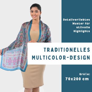 Bedruckter Schal aus 100% Seide, Mehrfarbiges Muster mit t&uuml;rkiser Bord&uuml;re, 70x200 cm