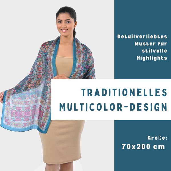 Bedruckter Schal aus 100% Seide, Mehrfarbiges Muster mit t&uuml;rkiser Bord&uuml;re, 70x200 cm image number 2