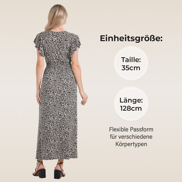 Gesmokter Maxikleid mit Volant&auml;rmeln, Beige mit Leopardenmuster, Einheitsgr&ouml;&szlig;e image number 3