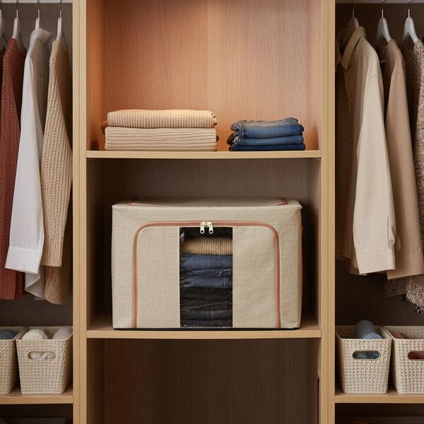 66L Stapelbare Aufbewahrungsbox mit Metallrahmen, Beige image number 2