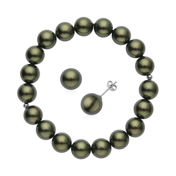 Gr&uuml;nes Muschelkernperlen-Armband und Ohrringe, 925 Silber rhodiniert image number 0