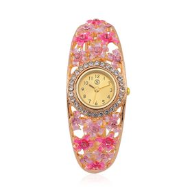 Strada - Elegante Bangle-Uhr mit Gold-Sonne-Zifferblatt, Lila und weiße Kristallen, Japanischem Uhrwerk, Reiner Edelstahl, emailliert, Rosa